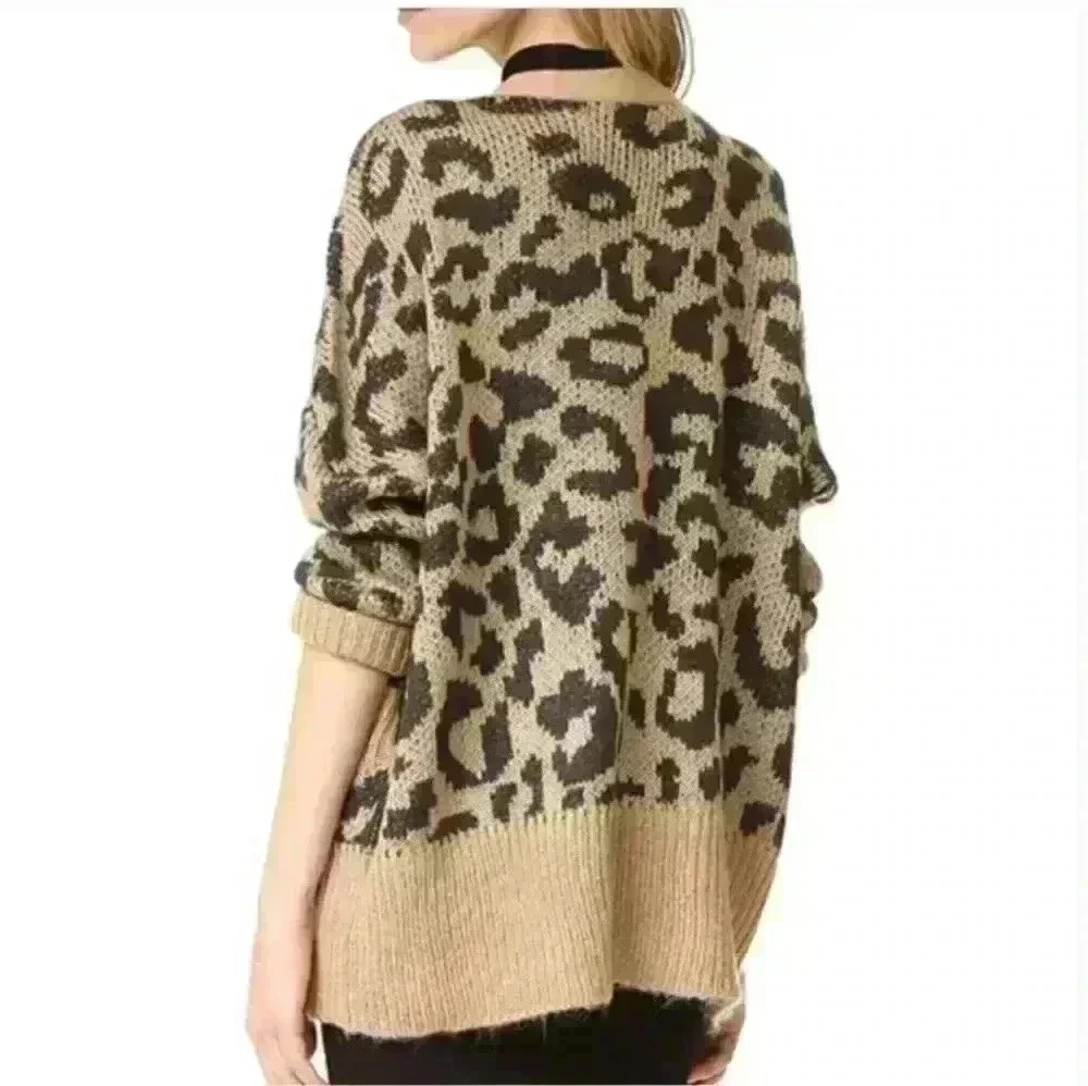 Wildfox Womens Tan Roar Tilly Leopard Print Slouchy Soft Cardigan Sweater S